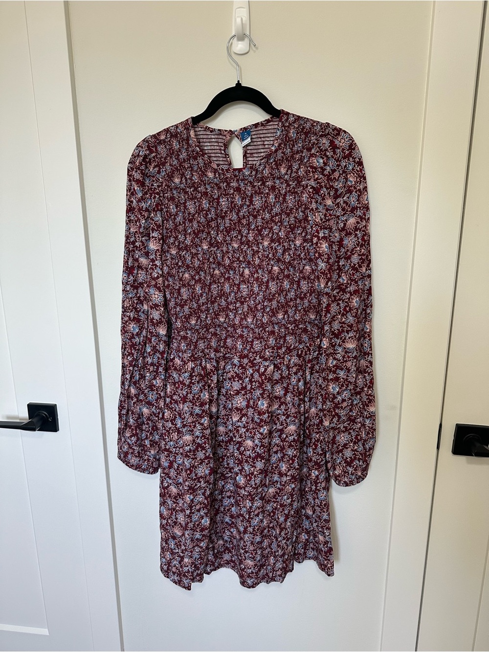 Floral Smocked Long Sleeve Mini Dress - Burgundy Multi